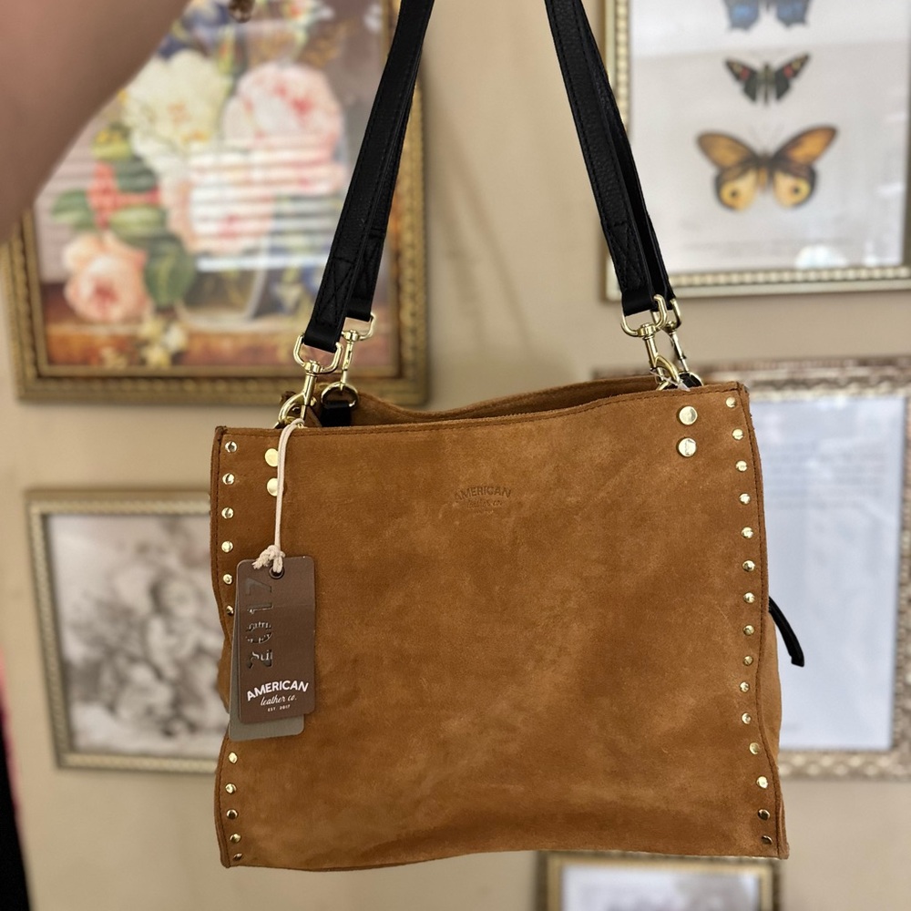 American Leather Co Lenox Studded Satchel 2.0 nutmeg suede